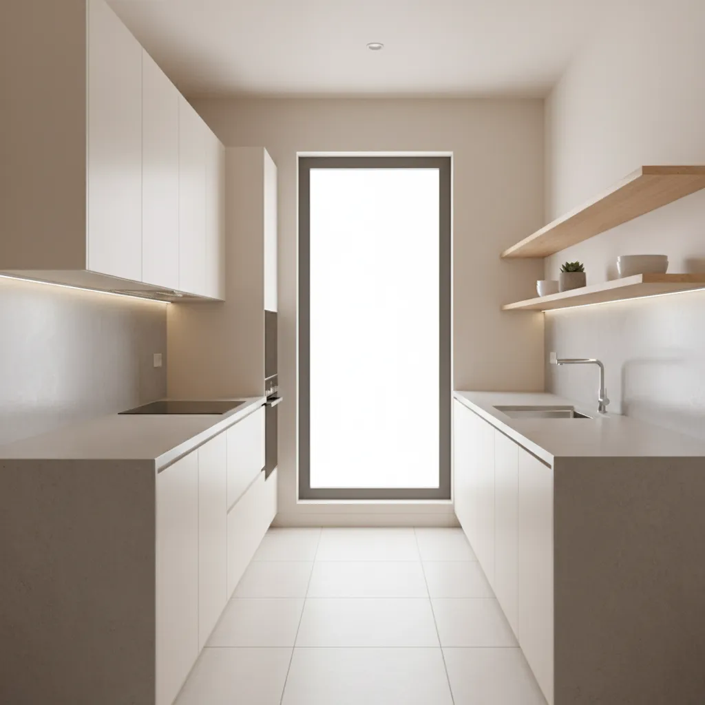 Efficient galley kitchen layout in a narrow apartment space
