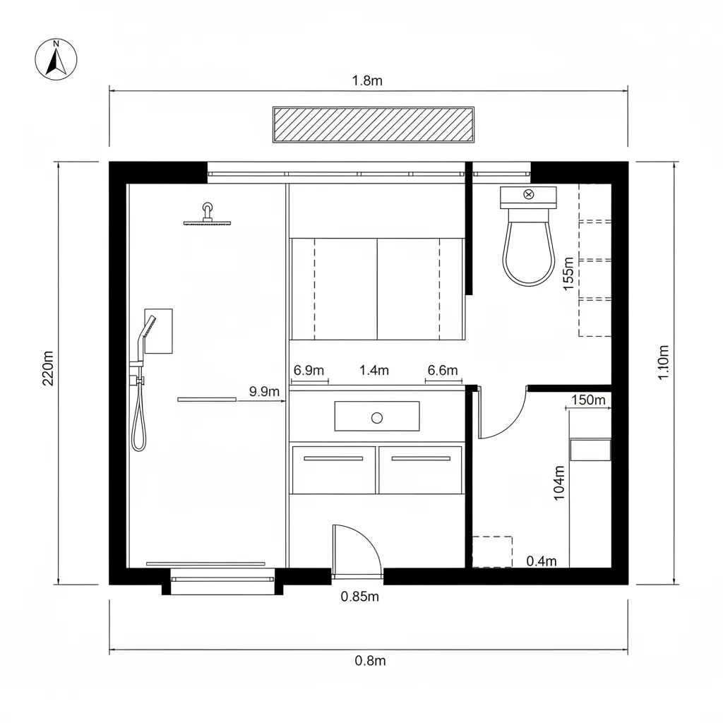 Small bathroom floor plan layout showing shower area toilet sink and various wall measurements in meters