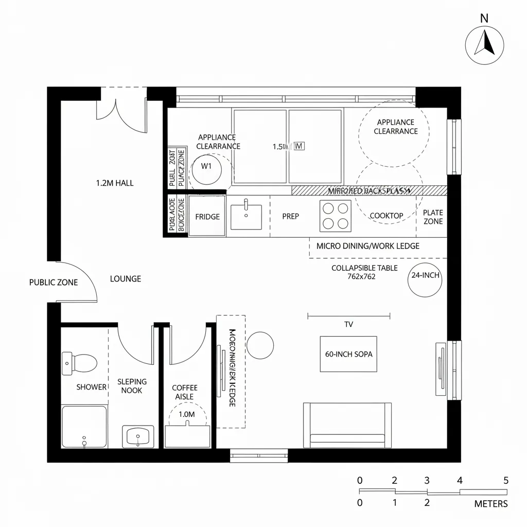 Top-down CAD plan of a studio with a single-wall galley kitchen and adaptive dock