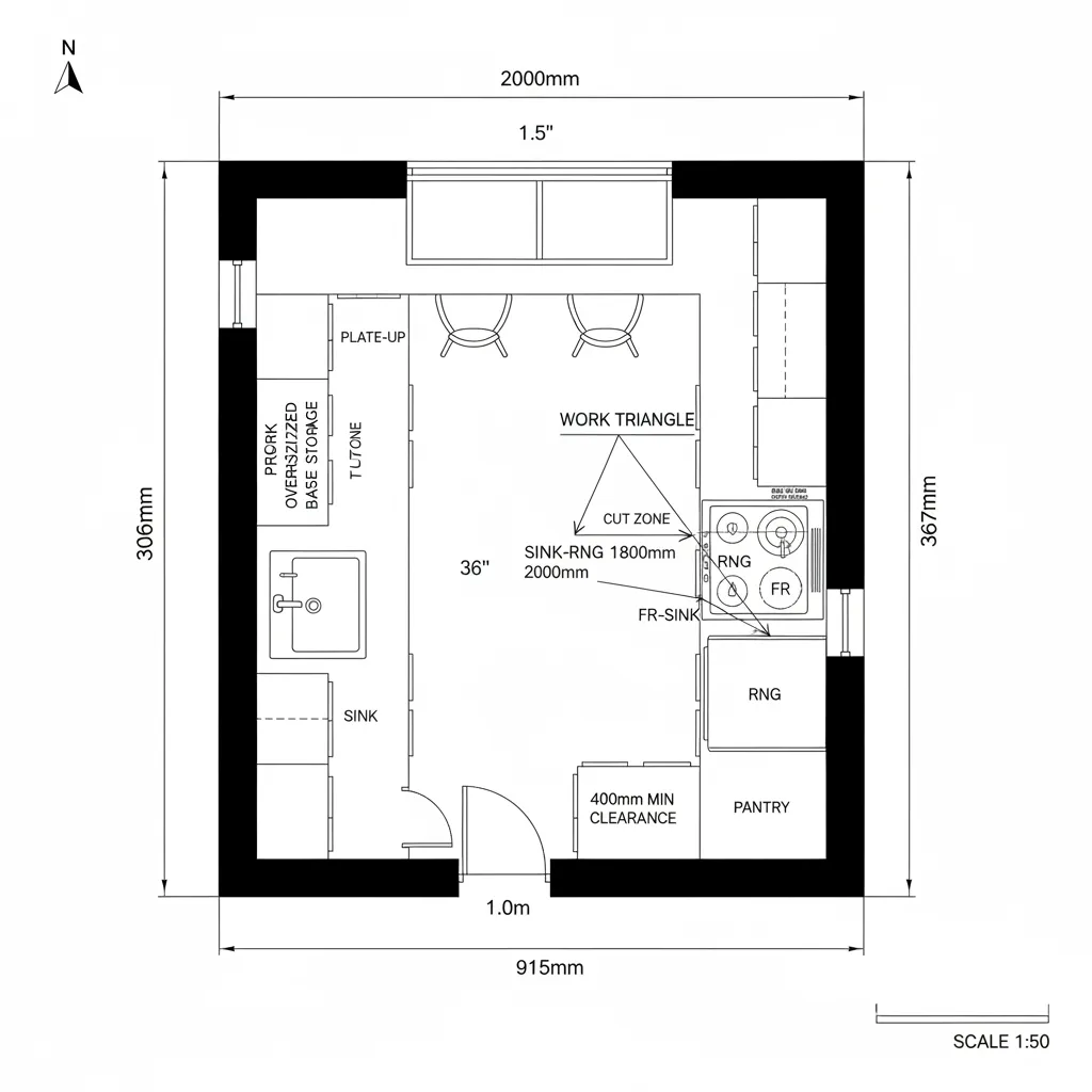 Top-down CAD plan of a 10x12 galley kitchen with parallel runs and windowed end