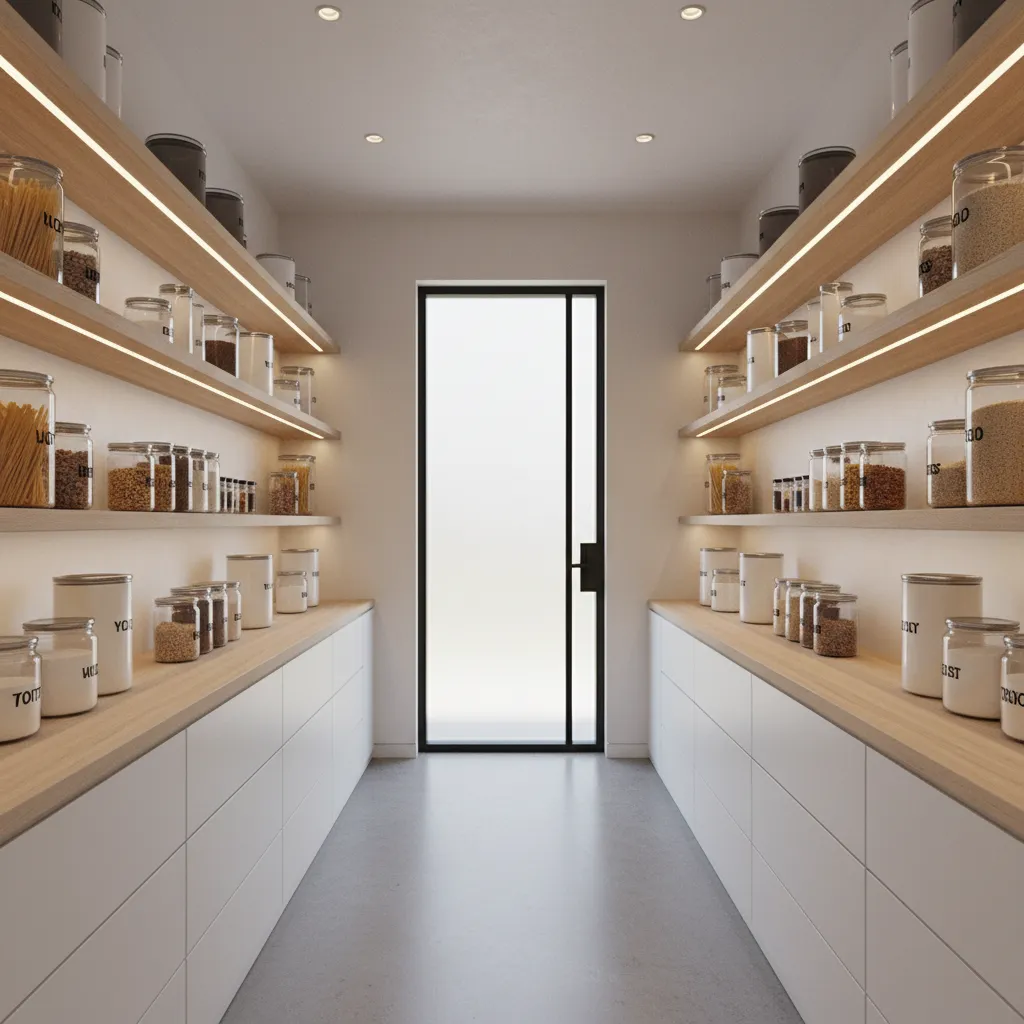 Galley style walk-in pantry layout with shelves on both sides