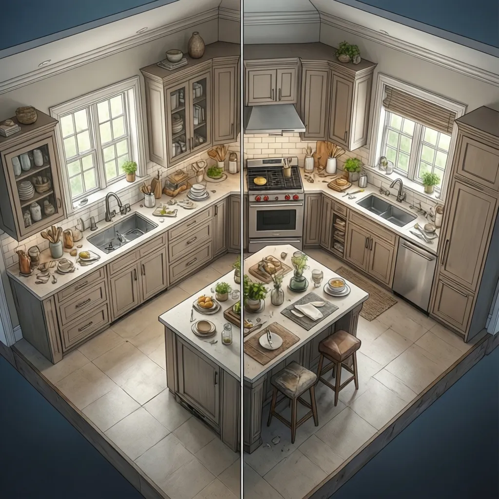 comparison of galley and L-shaped kitchen layouts in a small apartment