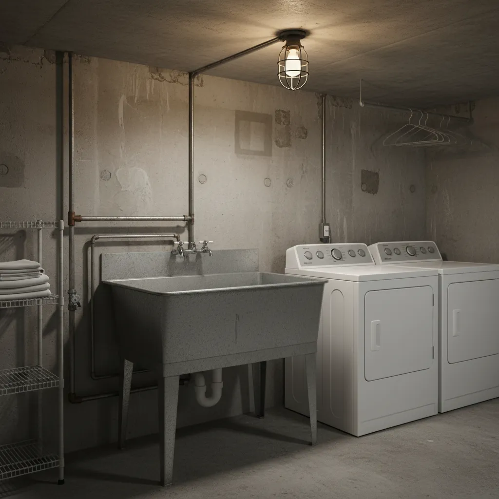 galvanized steel utility laundry tub in basement laundry room