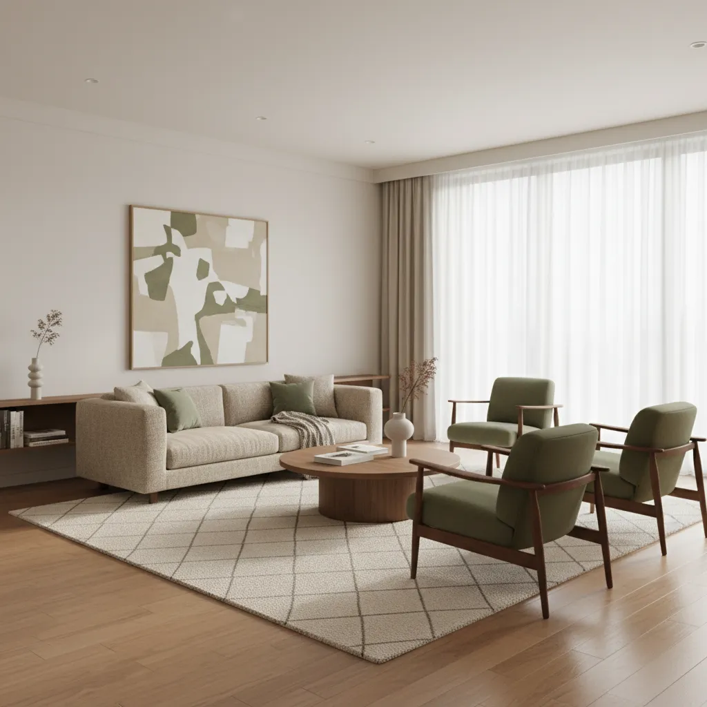 Modern living room including beige sofa three green chairs round wooden table and white rug