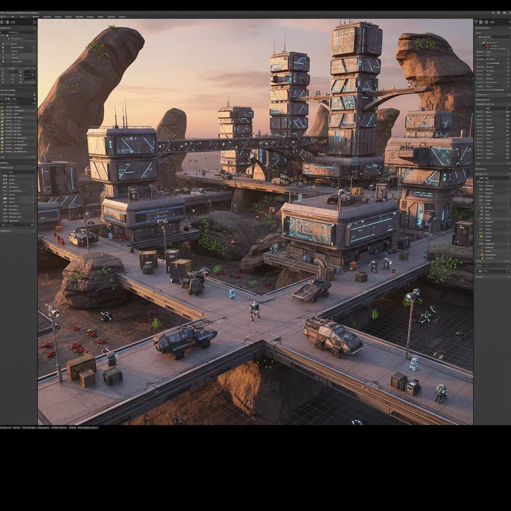 3D modeling environment showing game assets including buildings props and terrain