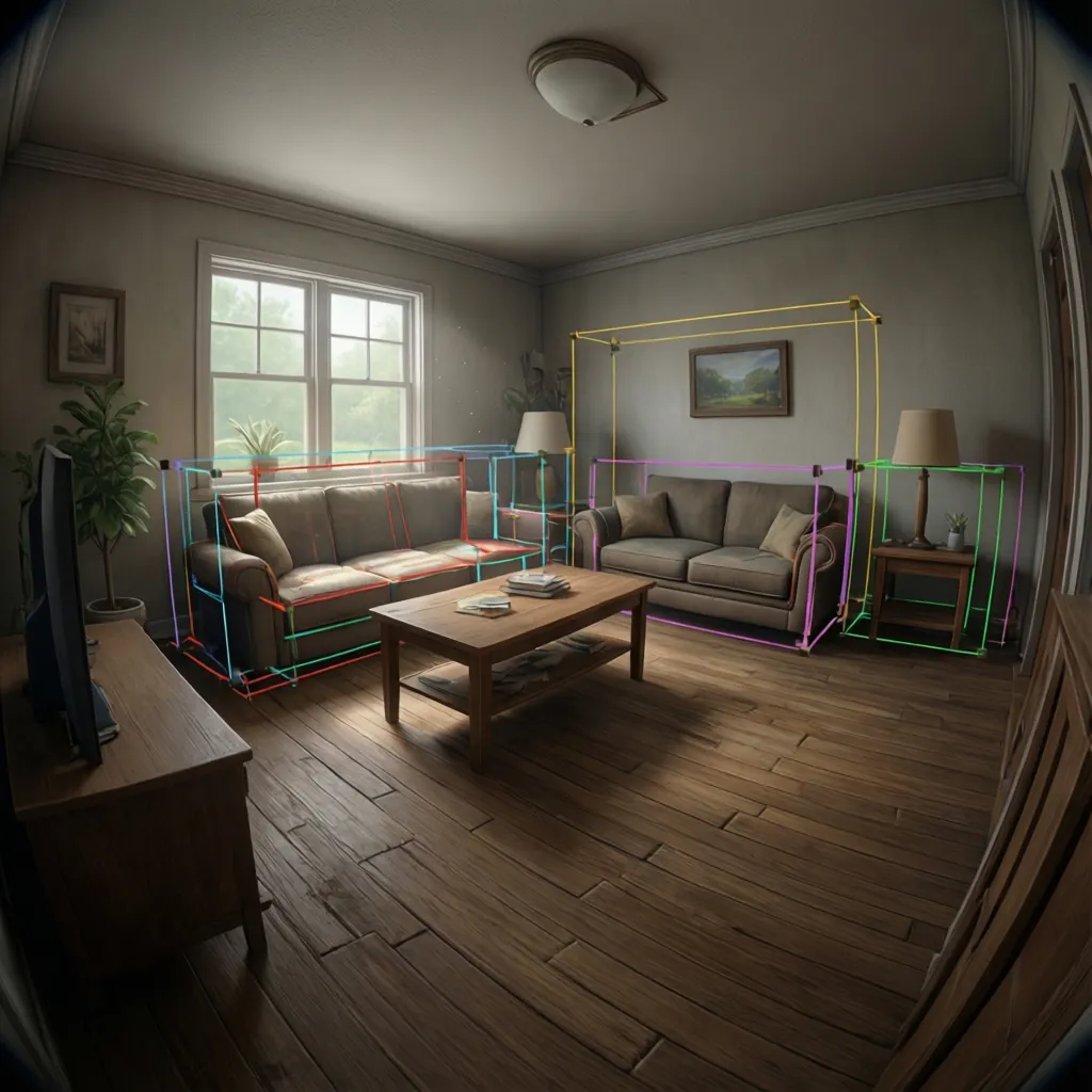 visualization of simplified collision boxes around furniture inside a 3D house game scene