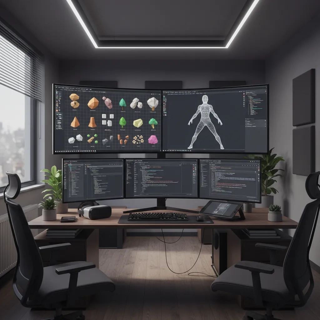 Game developer modeling low poly environment assets on a computer screen