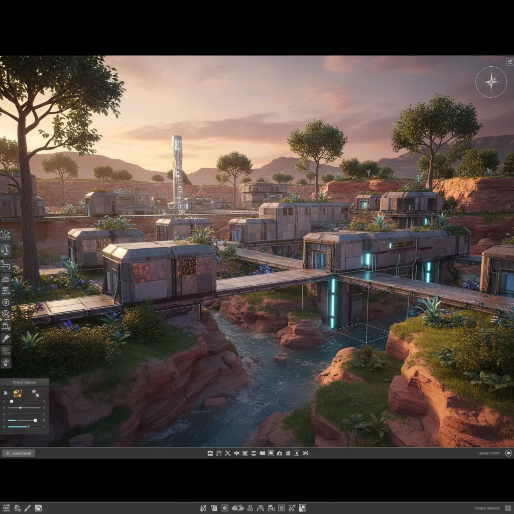 Game development environment scene built with modular downloadable 3D assets
