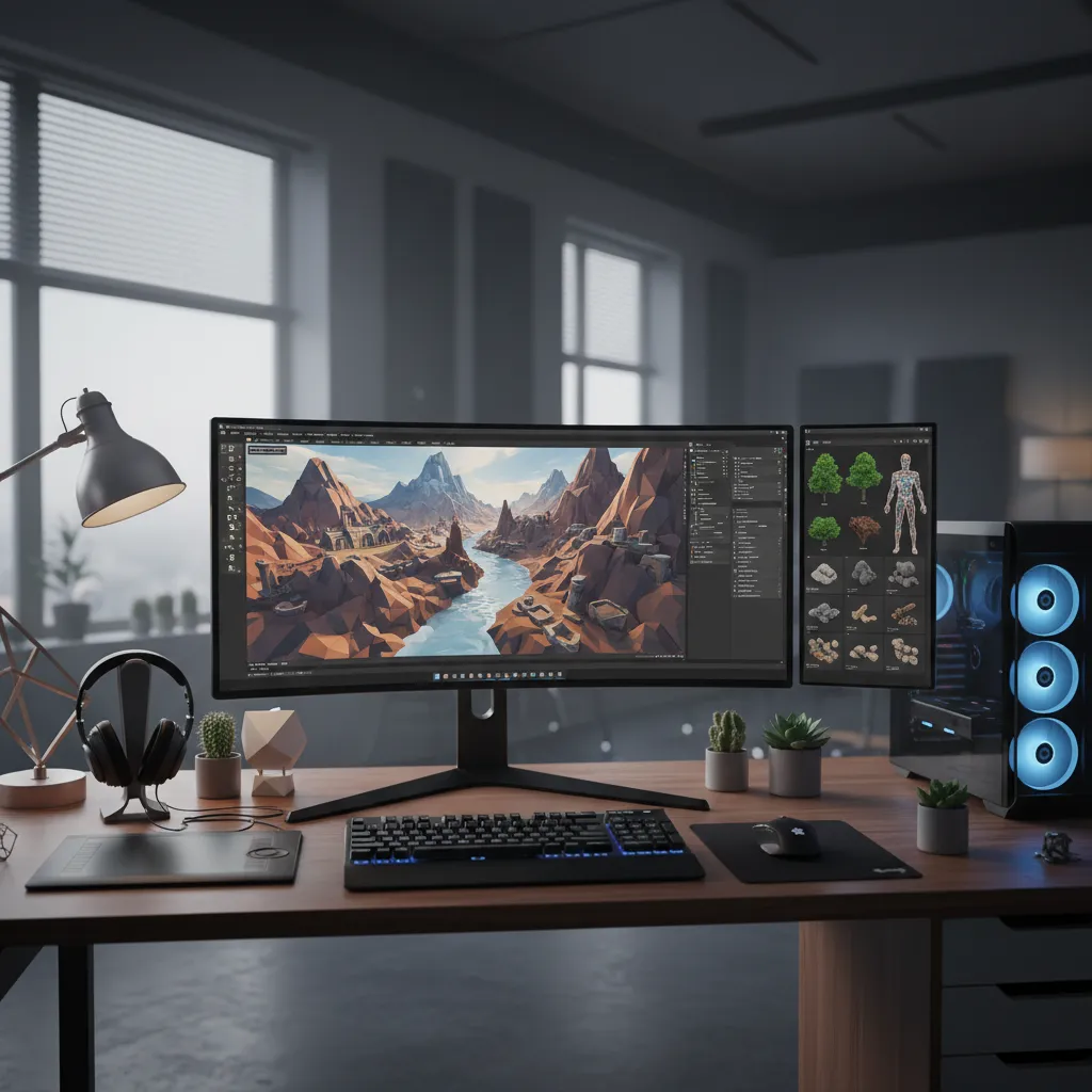 3D artist creating game environment with terrain models and assets on screen