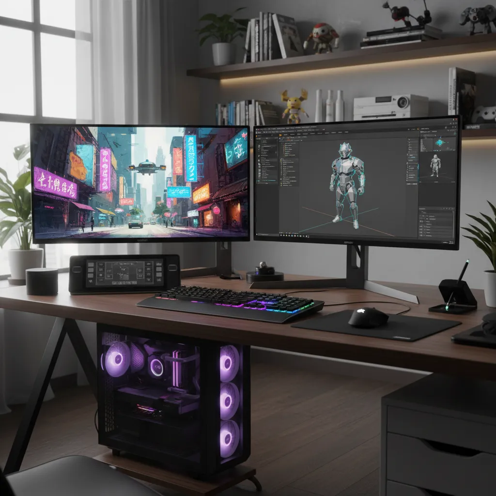 game development workstation with environment concept image and generated 3D asset