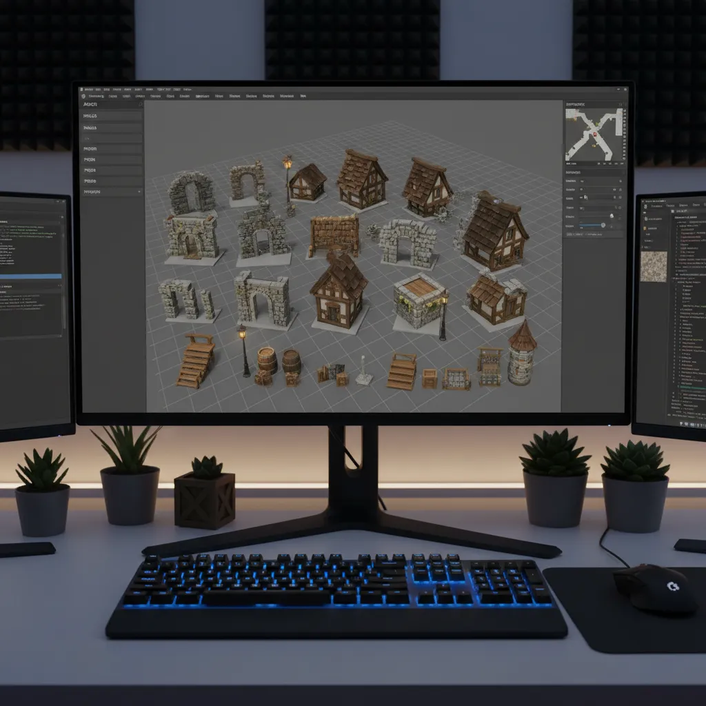 game development scene showing modular 3D assets separated in a digital environment
