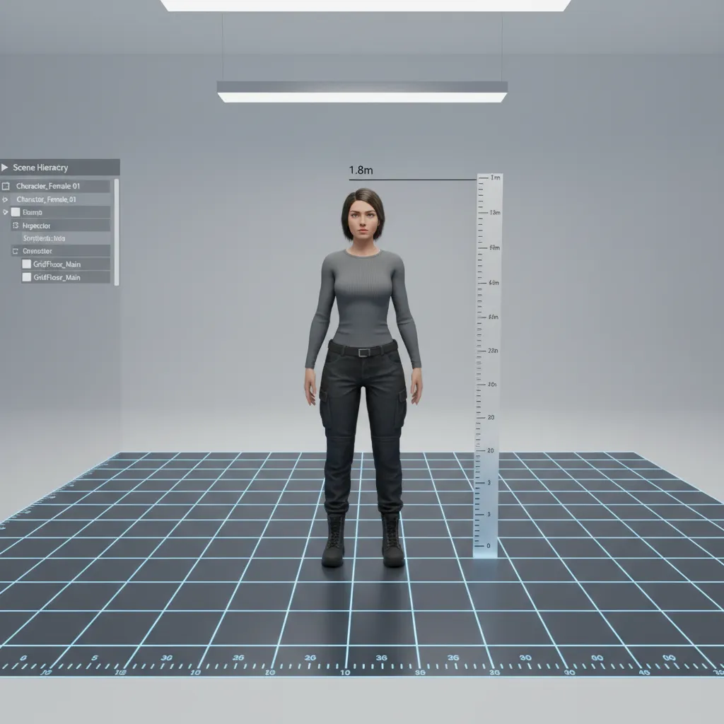 game engine viewport showing human character on measurement grid