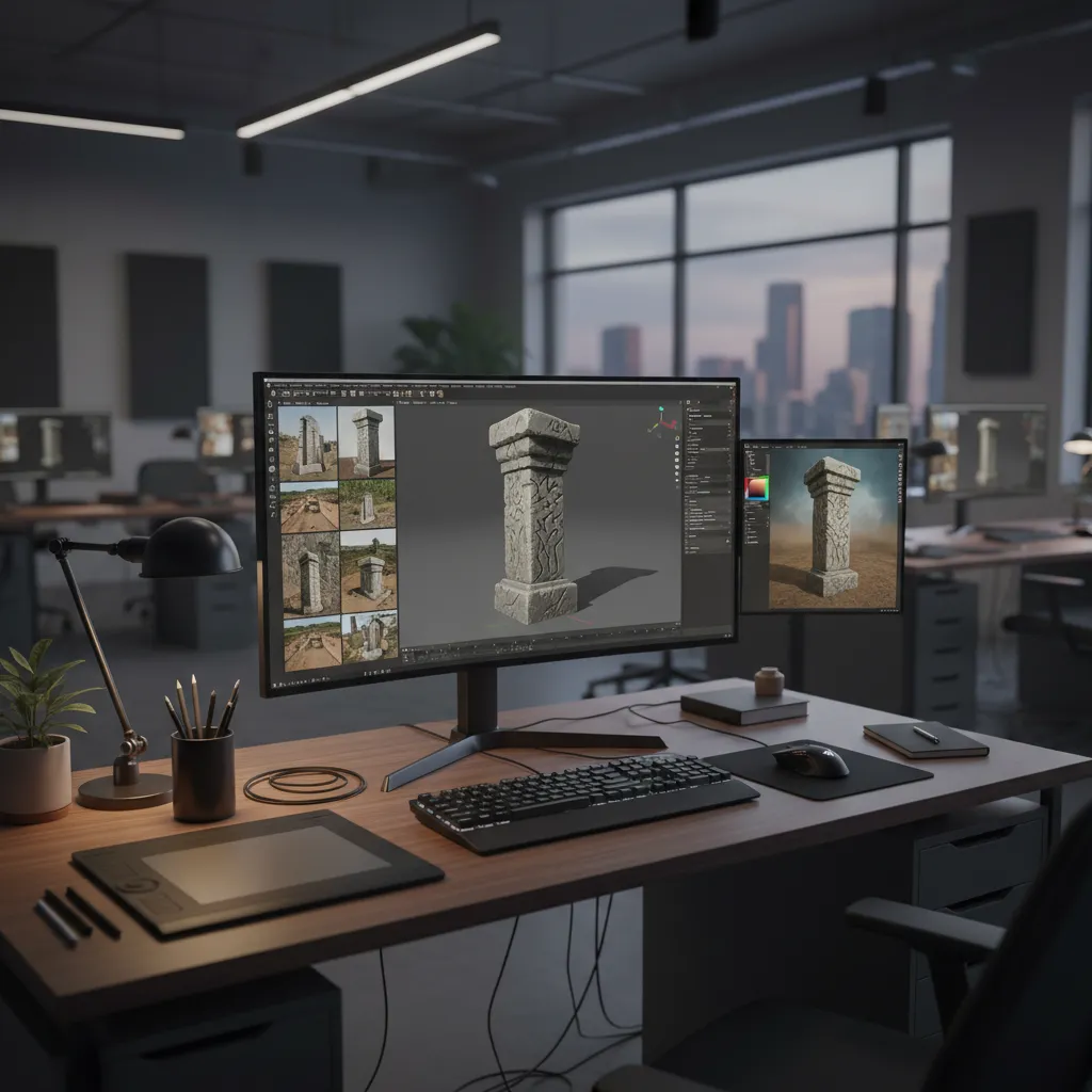 game environment artist analyzing references while modeling a 3D prop asset