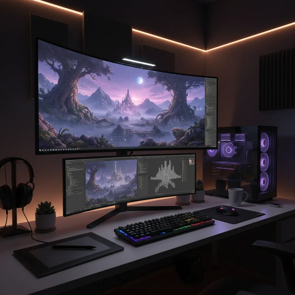 Game developer previewing a 3D environment render on workstation