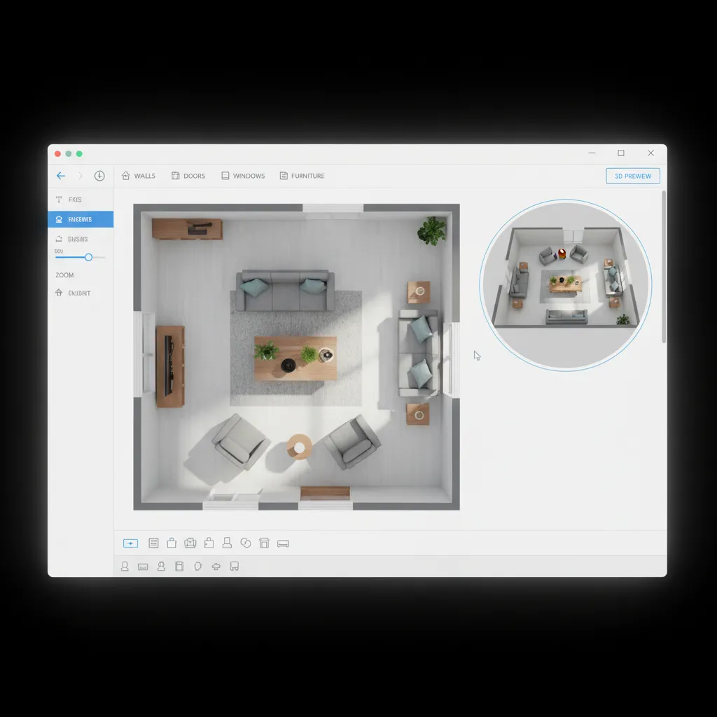 Interfaz de juego de diseño de casas con plano y muebles en 3D