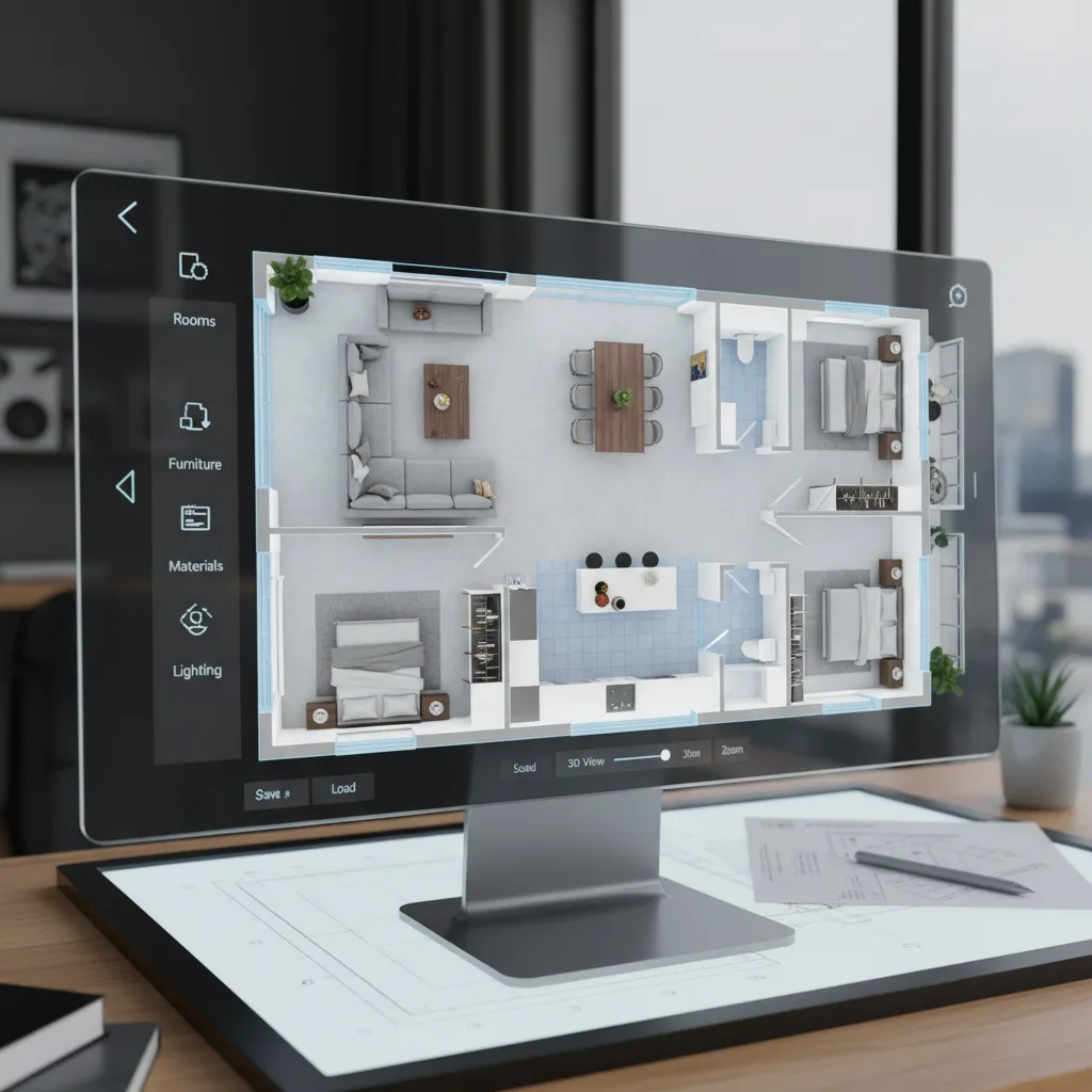 Computer monitor showing digital interior design drawing with a three bedroom house layout and furniture