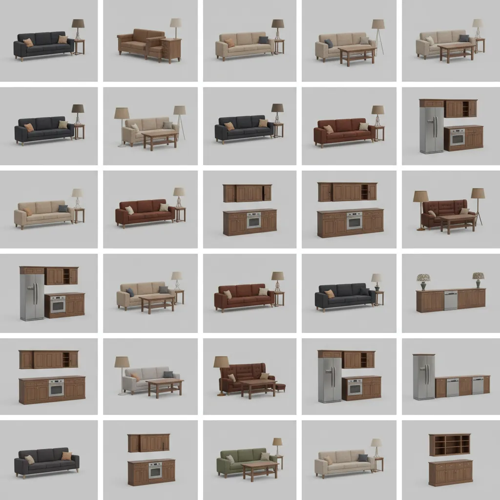 collection of 3D interior assets including sofas tables lamps and cabinets for game development