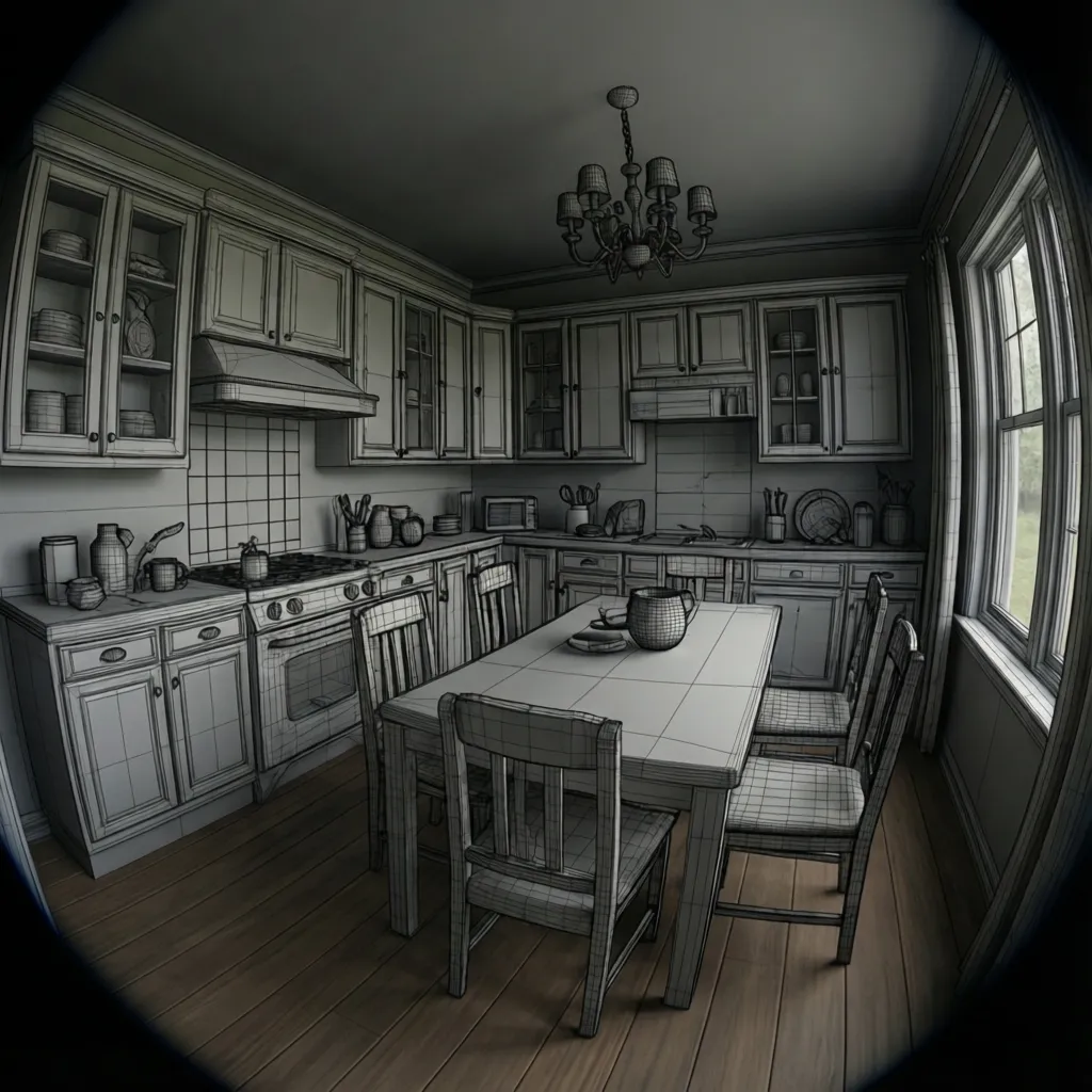 Visualization of furniture meshes grouped for draw call optimization in a house scene