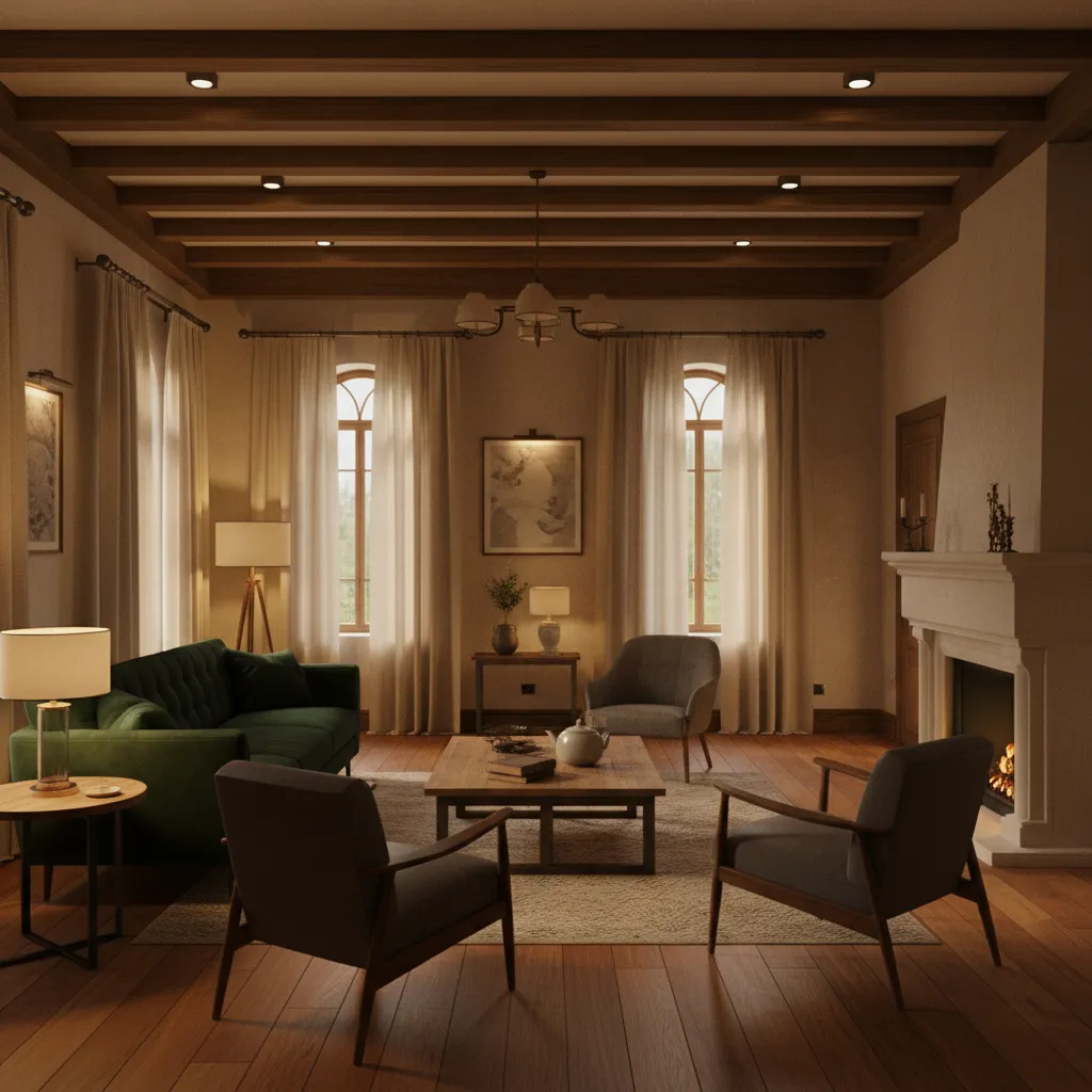 dramatic lighting inside a game interior level showing warm lamps and atmospheric shadows