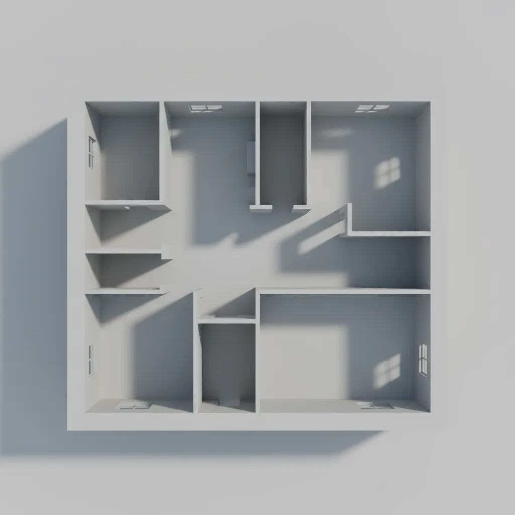 simple blockout layout of a game interior level showing room shapes and navigation paths