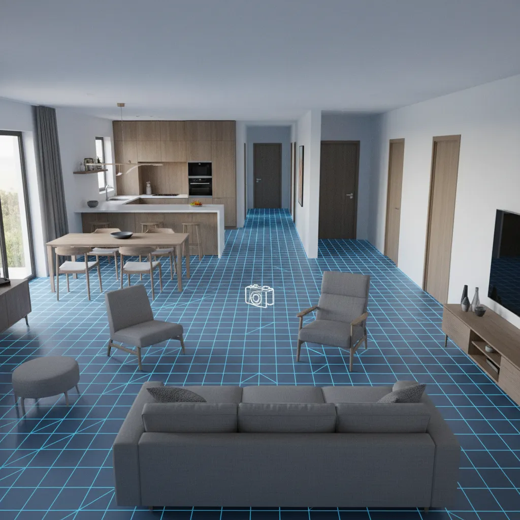 navigation mesh visualization inside a house game environment showing walkable areas