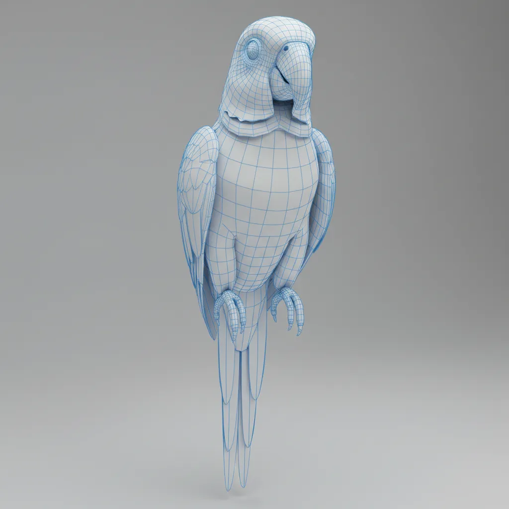 Wireframe view of a game ready parrot model showing polygon topology