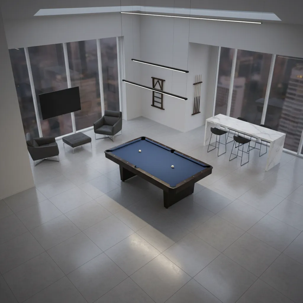 Game room layout showing clearance space around pool table