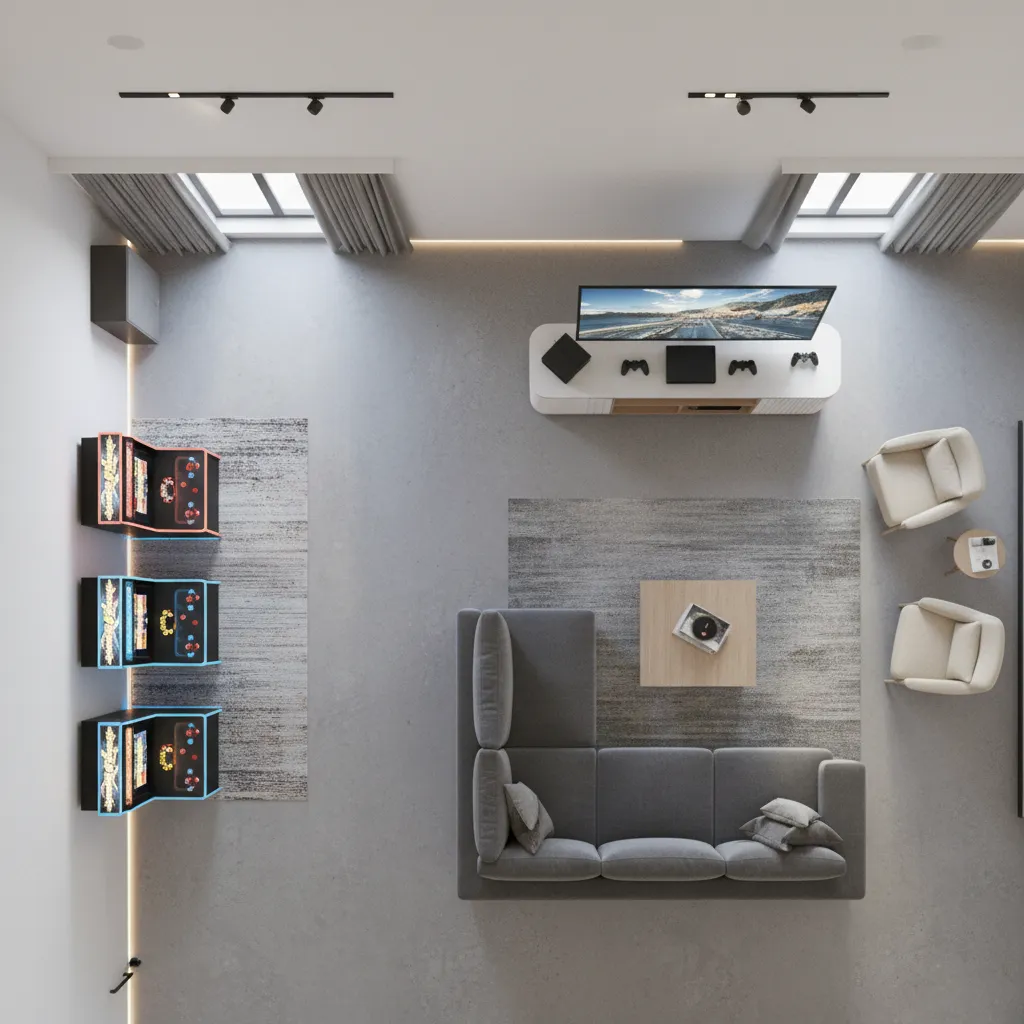 Game room layout showing zones for arcade gaming, console seating, and lounge area
