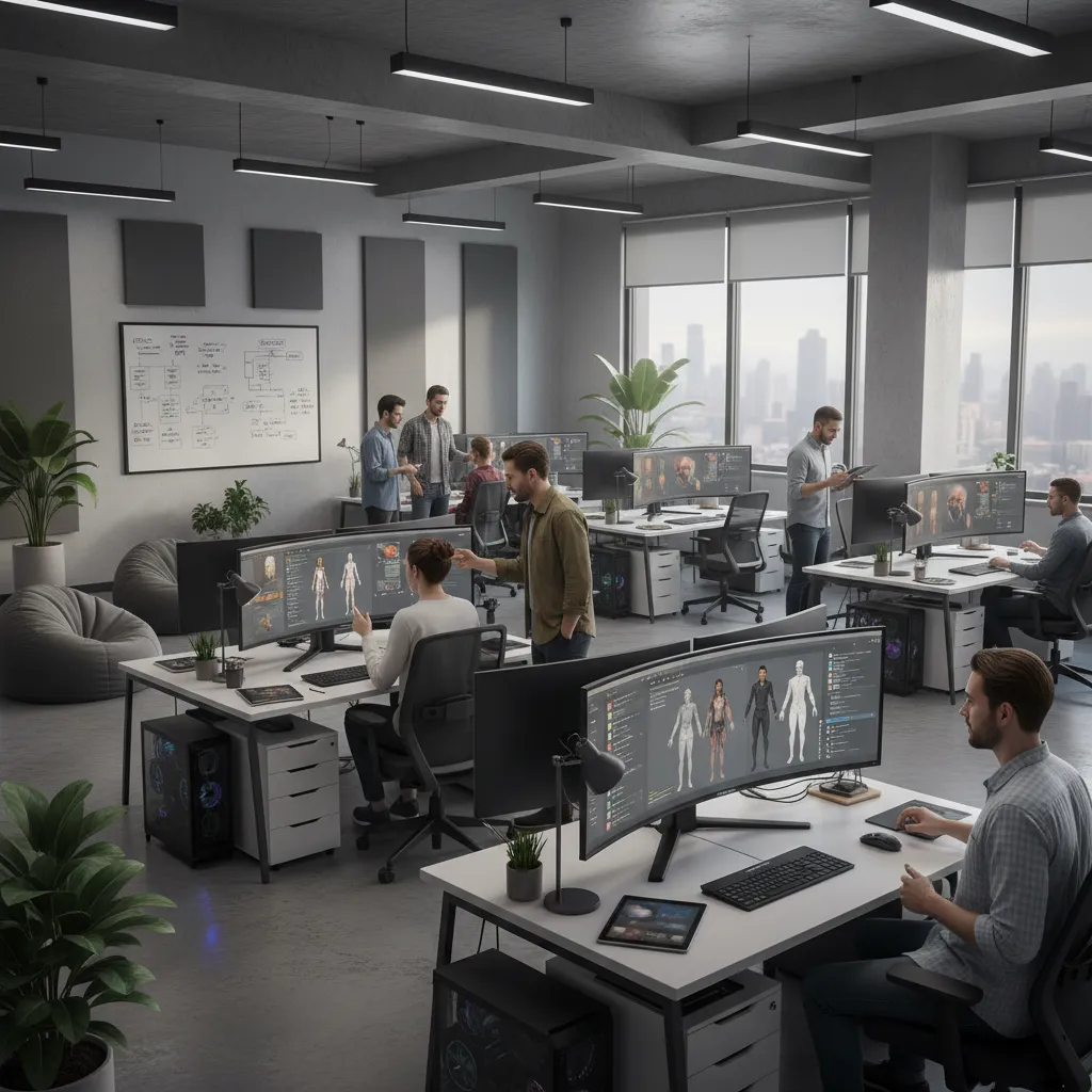 Designers working at white desks with curved monitors inside a large modern grey office space