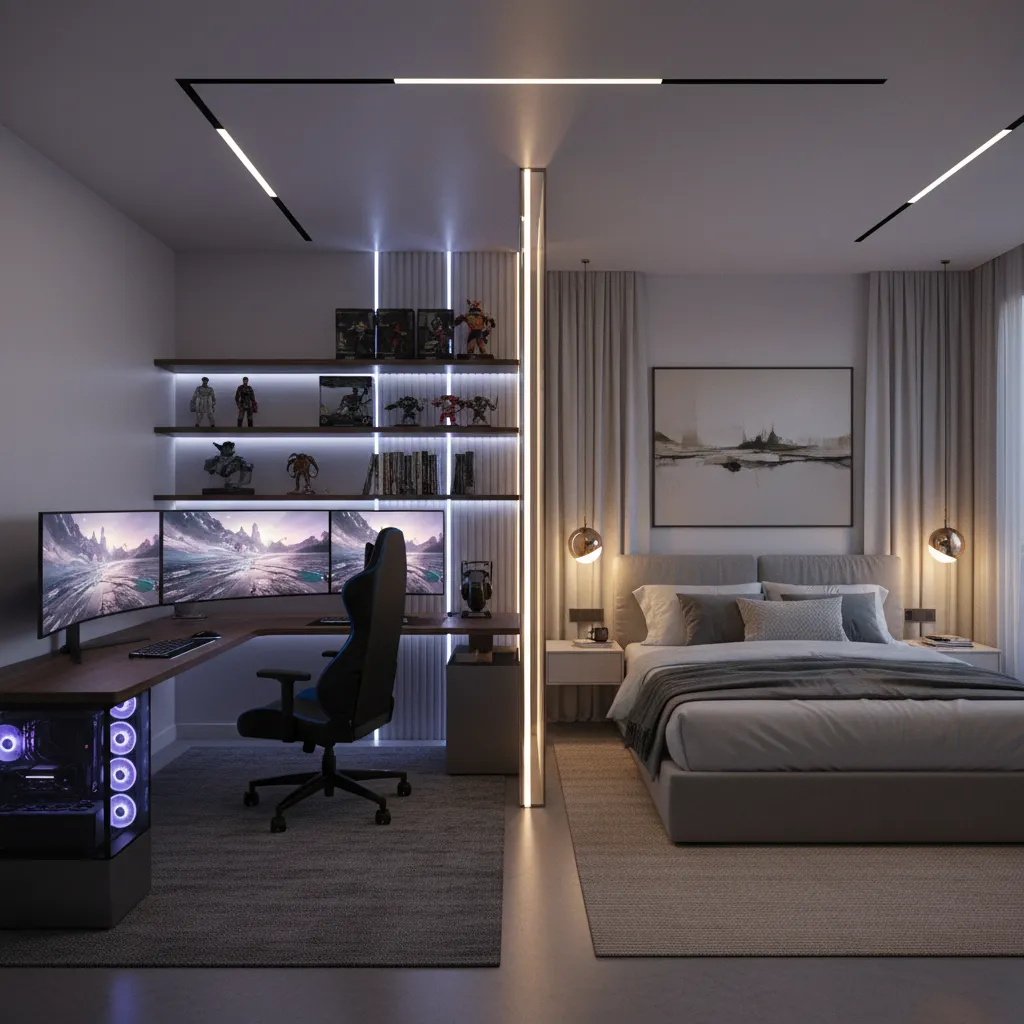 gaming bedroom lighting zones with desk area and sleeping area