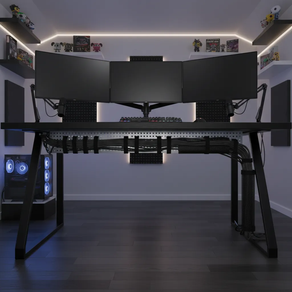 Gaming desk with organized cable management under the desk