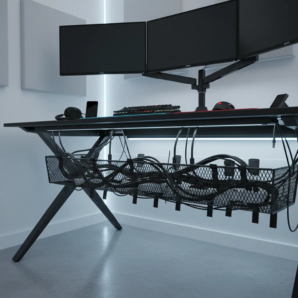 clean gaming desk cable management under desk tray