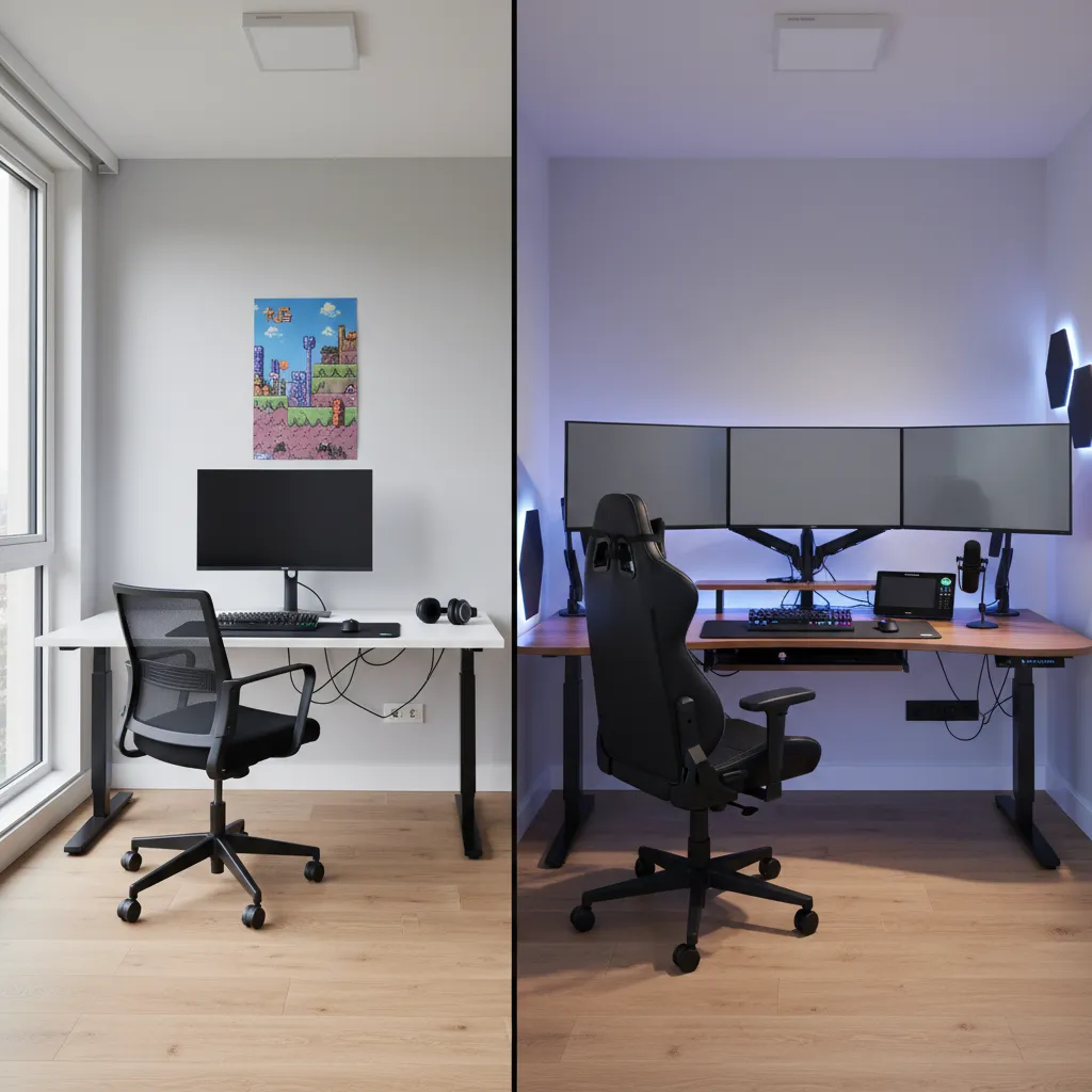 Comparison of basic gaming desk versus ergonomic premium gaming workstation