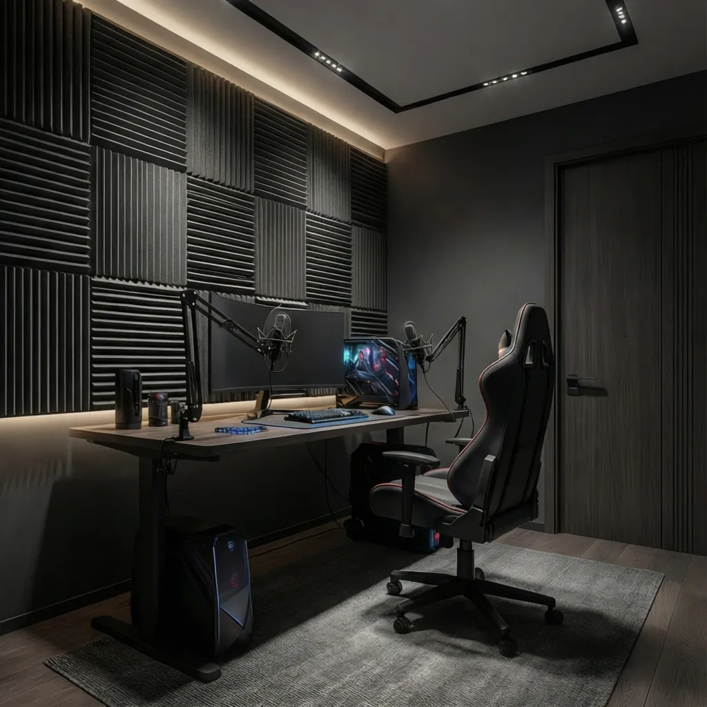 Gaming room wall with acoustic panels behind desk setup