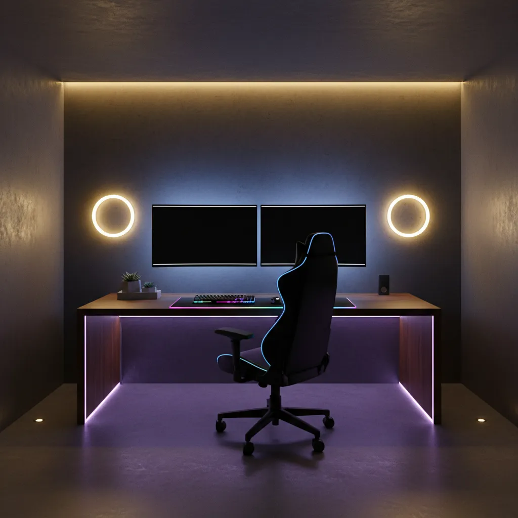Gaming desk setup with ambient LED lighting and dual monitors