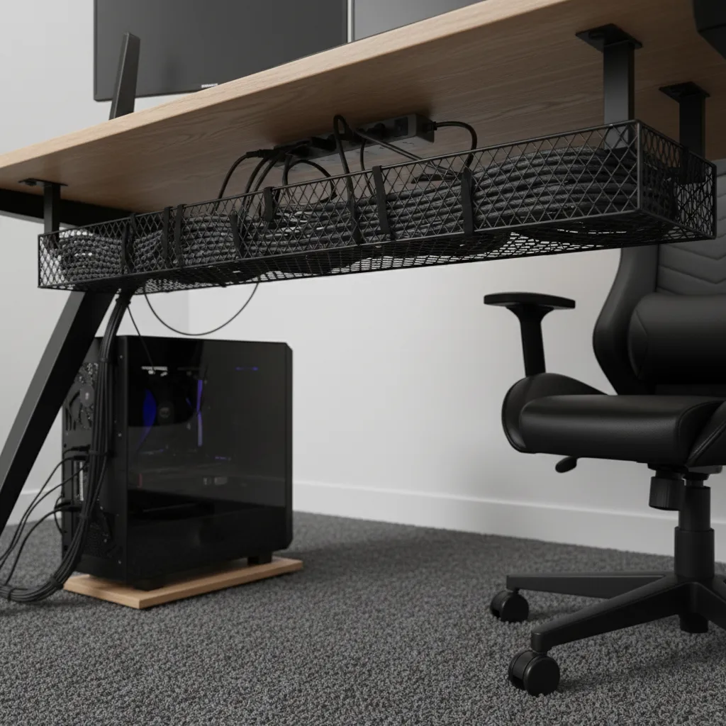 Gaming desk with organized cable management tray and hidden wires