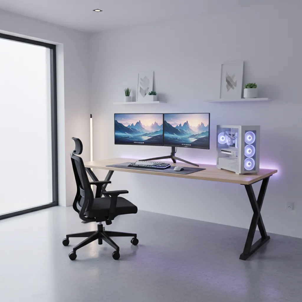 Gaming room with desk, monitor setup, ergonomic chair and organized gaming equipment