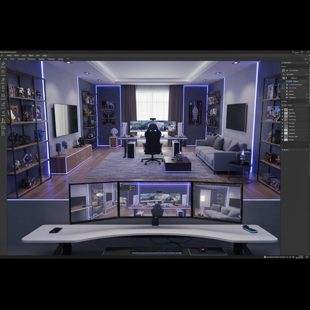 3D gaming room layout planning interface showing desk monitors and lighting placement