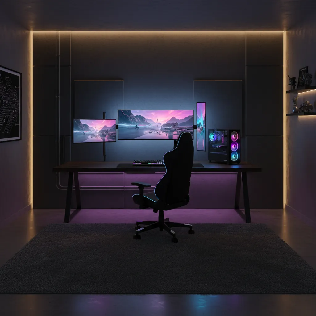 Clean gaming room layout with desk, chair and monitor placement