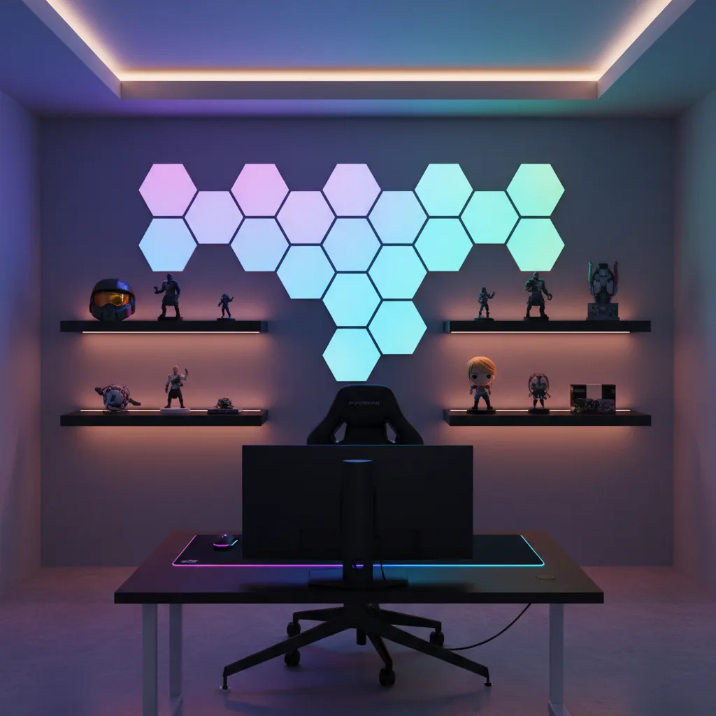 Gaming room accent wall with LED panels and shelves displaying gaming collectibles