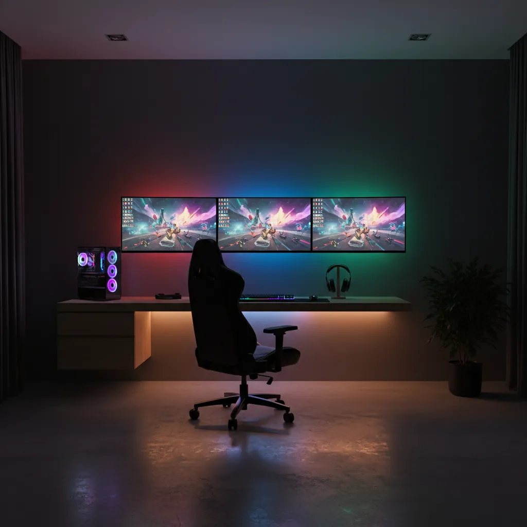 gaming room ambient LED lighting behind monitors and desk creating immersive atmosphere