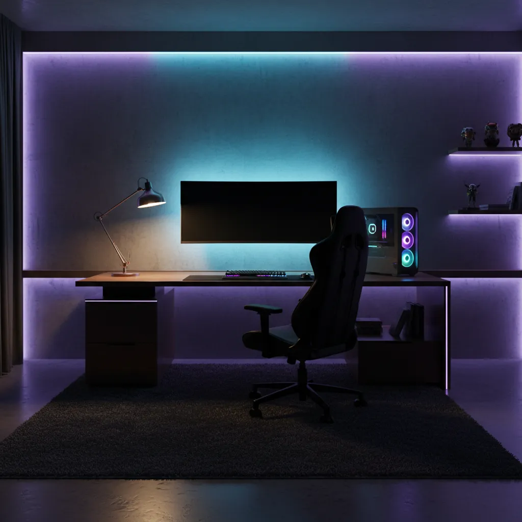 Gaming desk with bias lighting and ambient LED lighting behind monitor