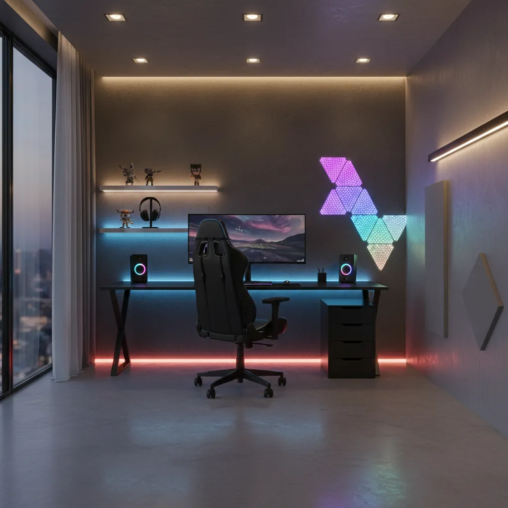 Gaming room demonstrating layered lighting including monitor bias lighting shelves and wall LEDs