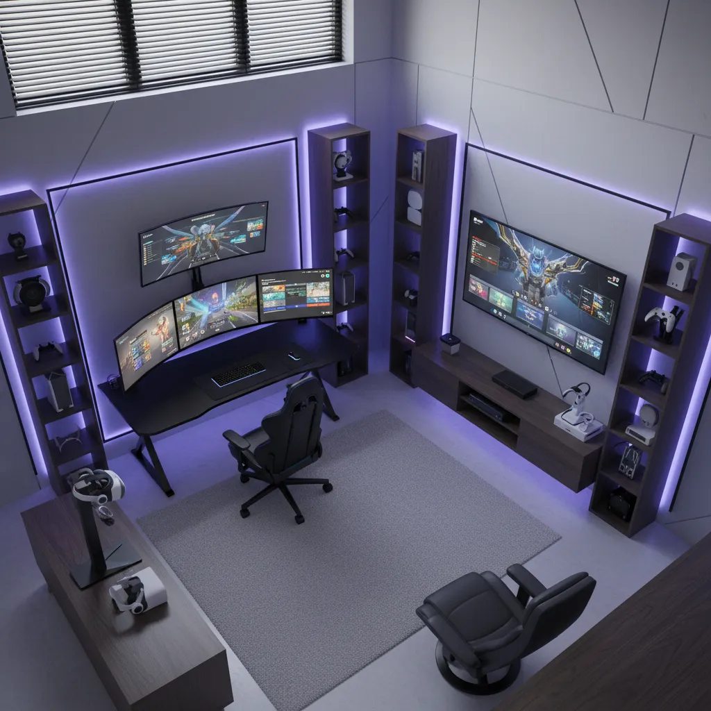 gaming room divided into functional zones including desk console area and storage