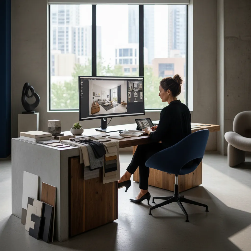 Female interior designer working at desk using large monitor showing design drawing with material samples
