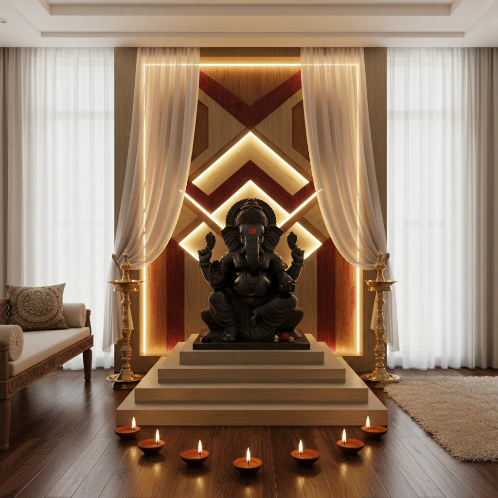 Ganesh decoration with warm fairy lighting and soft glowing backdrop