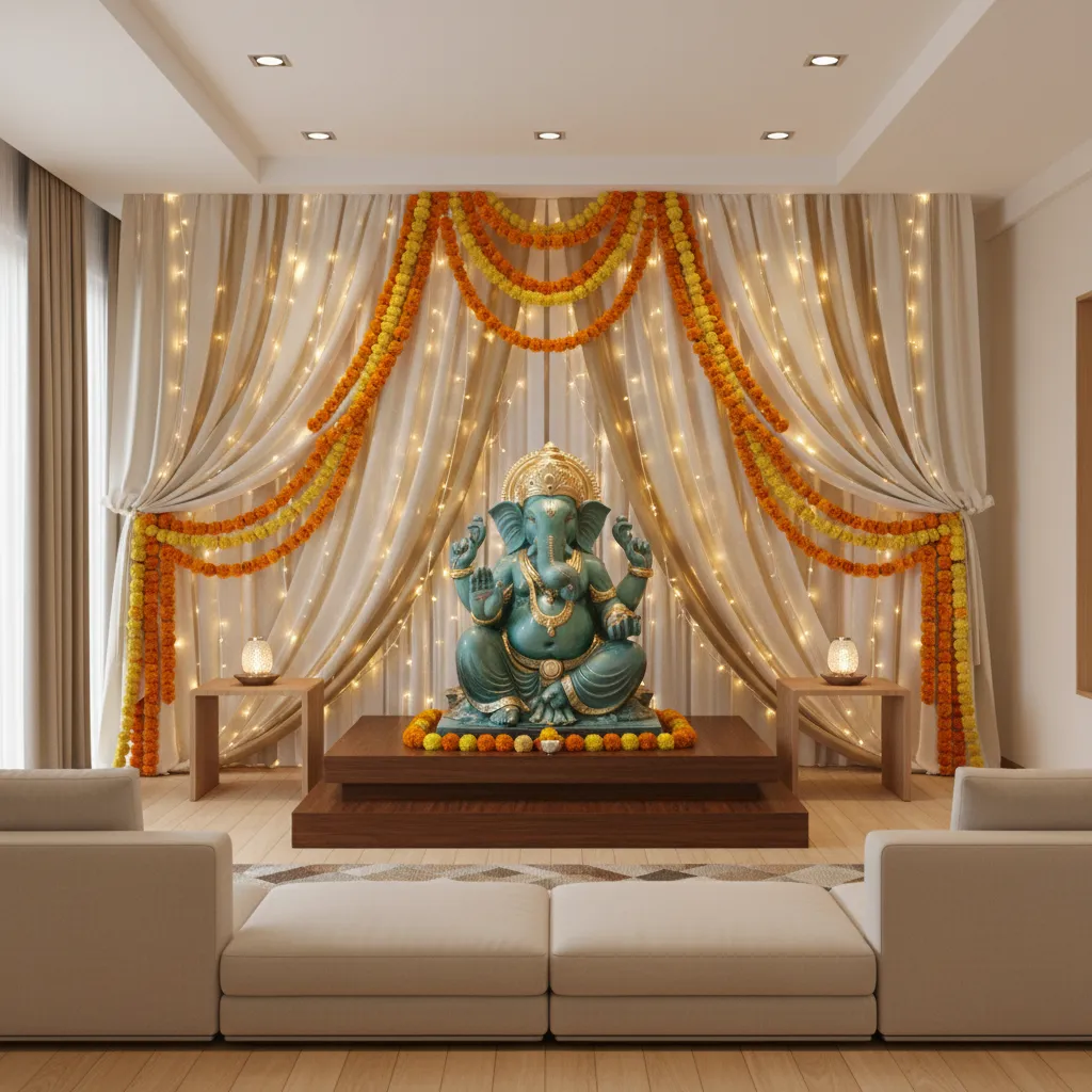 Ganesh idol with fabric drape backdrop and warm lights