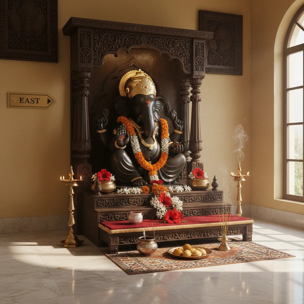 Ganesh idol placed correctly on a raised altar facing east