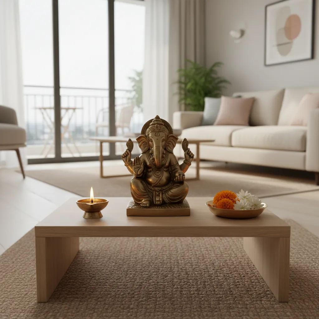 Small Ganesh idol placed on compact altar with diya and flowers