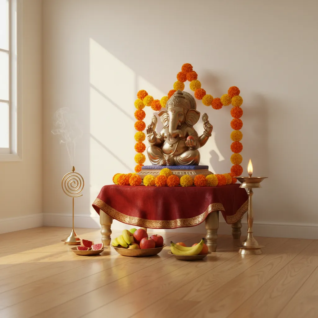 simple home Ganesh pooja altar with idol diya flowers and offerings